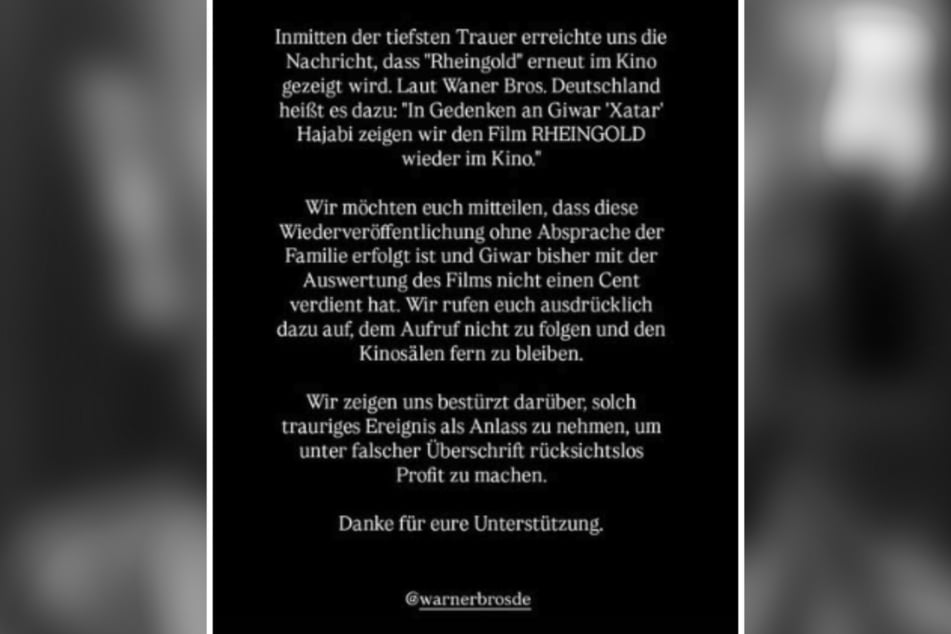 Auf dem Instagram-Kanal des Verstorbenen haben dessen Angehörige das Kino-Comeback des Films heftig kritisiert.