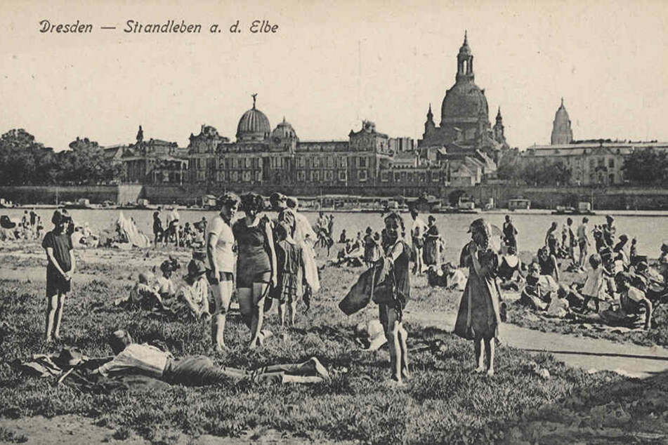 Schon 1925 gab's den Badespaß mit Blick auf Dresdens Altstadt-Silhouette. Damals aber noch züchtig bedeckt ...