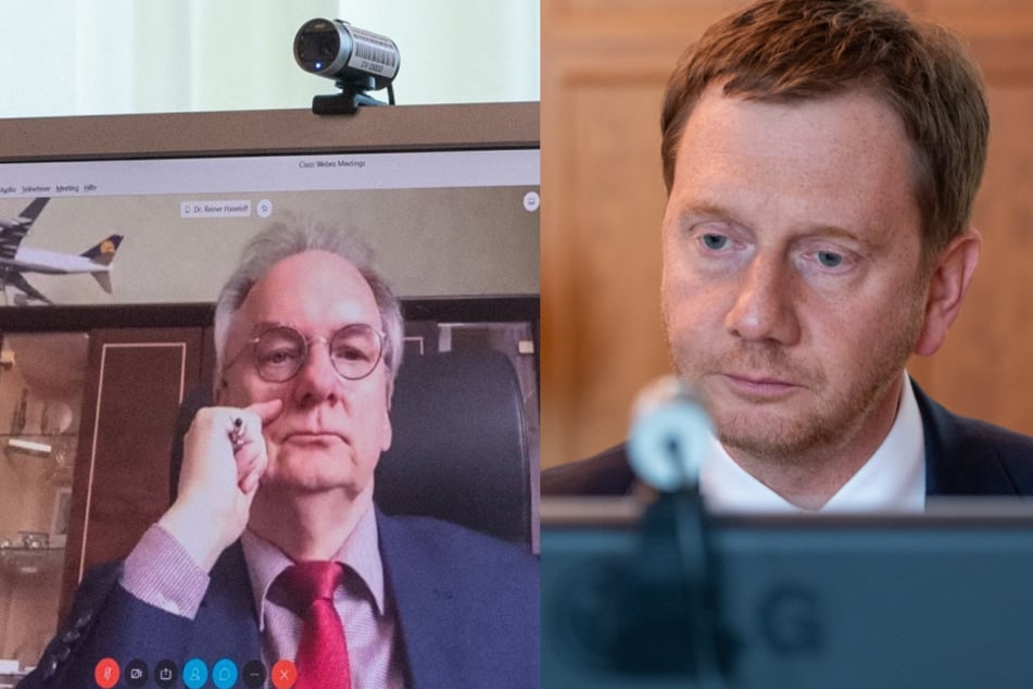 Michael Kretschmer (r.) Is sitting in his office at the state chancellery in front of a computer screen and talks to Reiner Haseloff by video during a change conference.