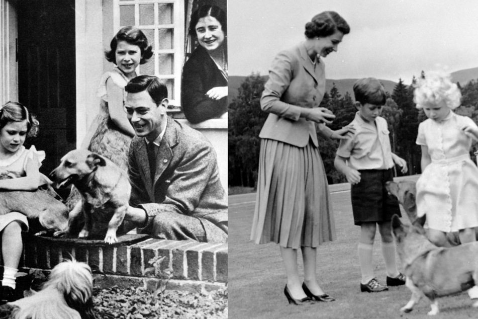 Left: Duke and Duchess of York (later King George VI and Queen Elizabeth) with both daughters, Princess Elizabeth and Princess Margret; right: the royal family play with their corgis.