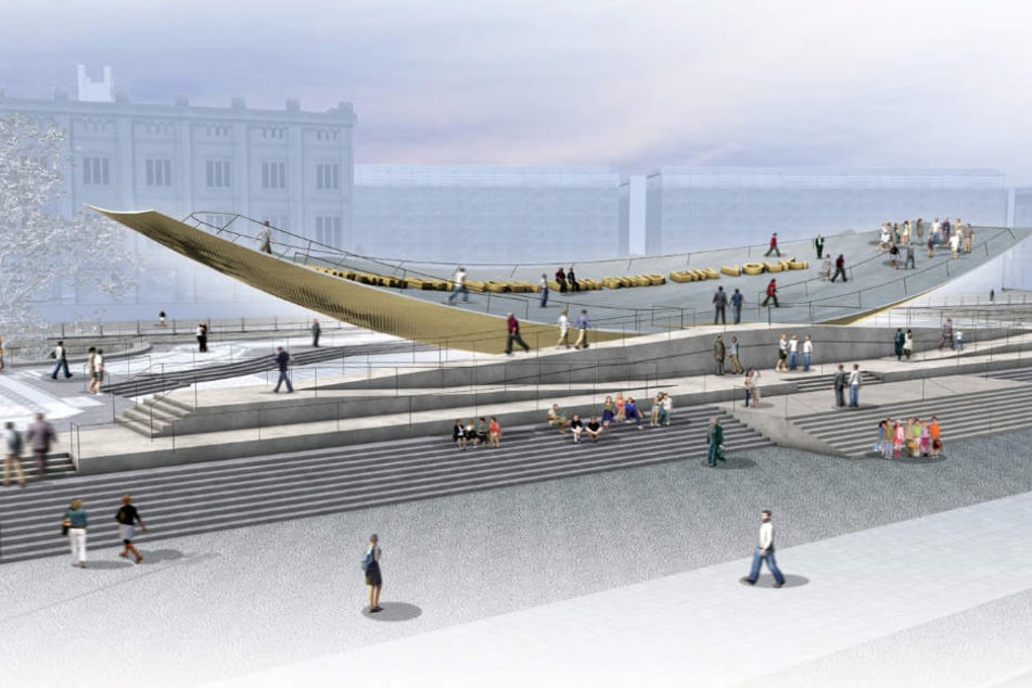Die undatierte Computergrafik zeigt den gemeinsamen Entwurf der Choreographin Sasha Waltz und der Stuttgarter Szenografen Milla & Partner für das in Berlin geplante Freiheits- und Einheitsdenkmal.