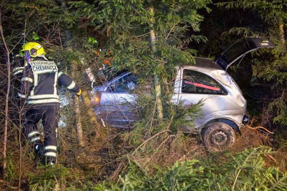 Der Opel fuhr etwa 100 Meter durchs Unterholz, bevor er zwischen den Bäumen stecken blieb.