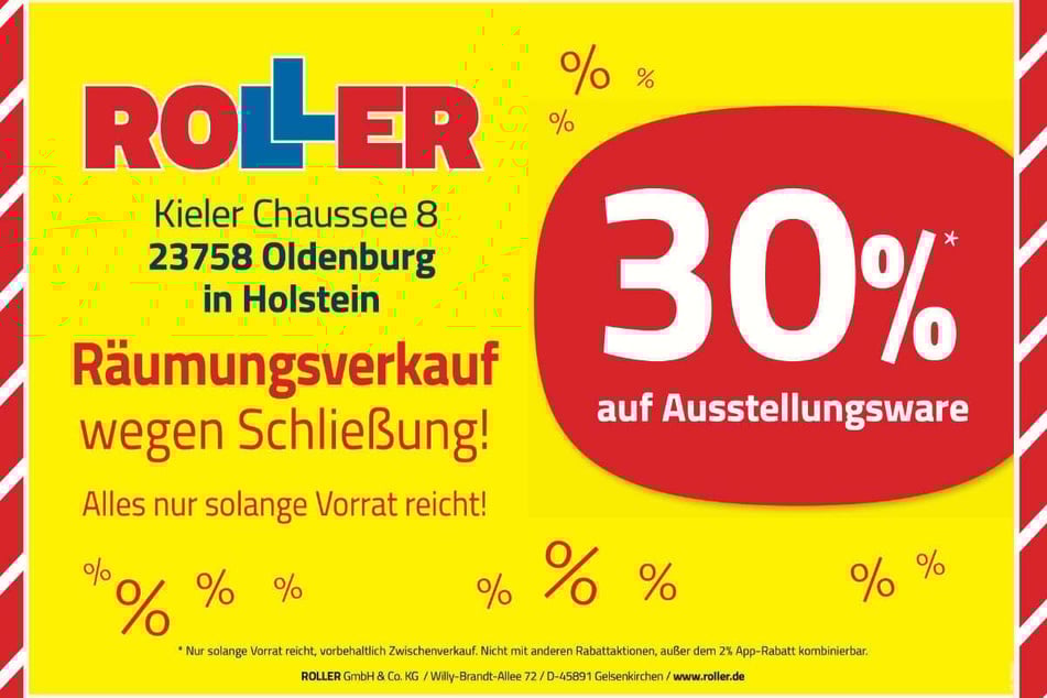 Während des Räumungsverkaufs bei ROLLER in Oldenburg gibt's jetzt 30 Prozent Nachlass beim Möbelkauf.¹