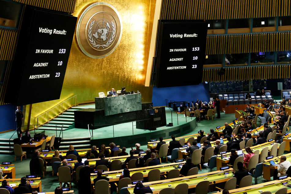 The results of a draft resolution vote are seen as the UN General Assembly held an emergency special session on the Israel-Gaza war at the United Nations headquarters on Tuesday in New York.