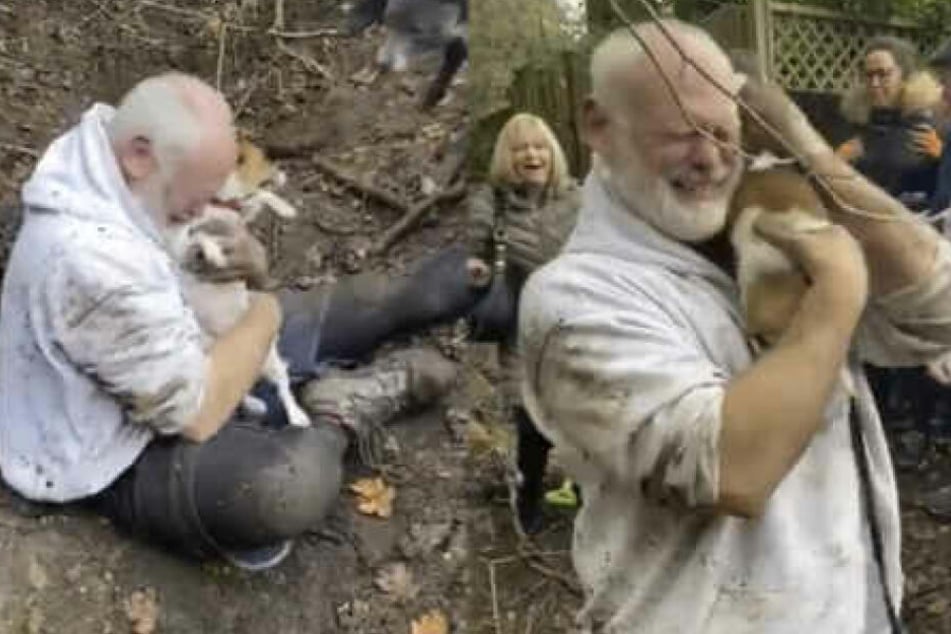 Tränen der Freude: Alan Whitton hat seinen Hund nach 50 Stunden endlich wieder in seinen Armen.