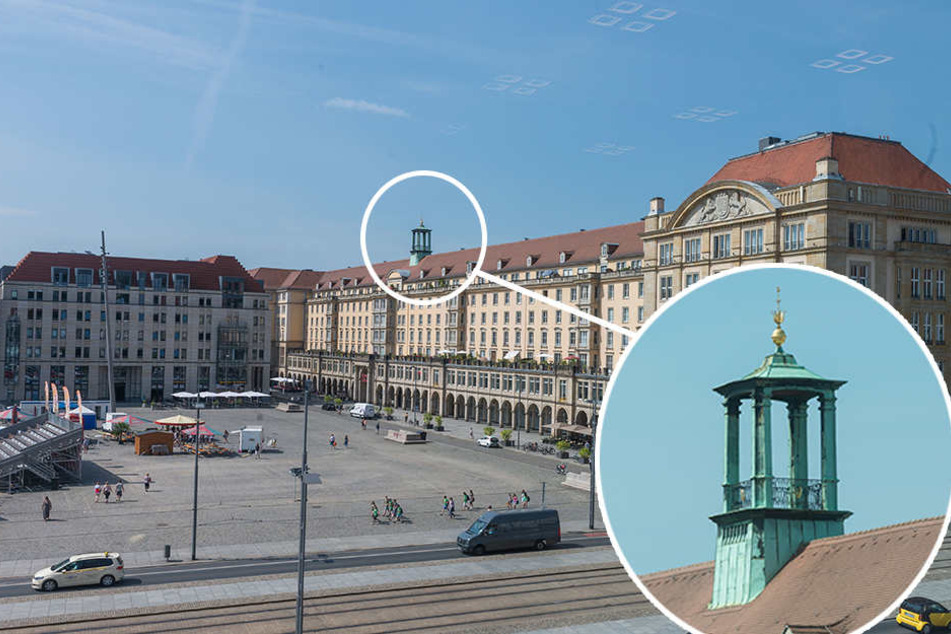 Beim Wiederaufbau nach dem Krieg wurde auf die Gebäude an der Westseite des
Altmarkte dieses Türmchen gesetzt. Es
erinnert an das zweite Rathaus, das etwa an dieser Stelle stand.