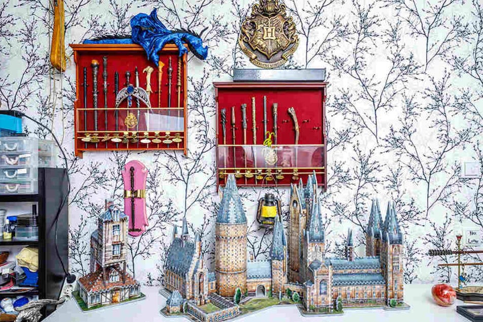 Schaukästen für die Zauberstäbe von Harry, Ron, Hermine und Co., dazu 3D-Modelle vom Hogwarts-Schloss und dem "Fuchsbau", dem Haus der Familie Weasley.