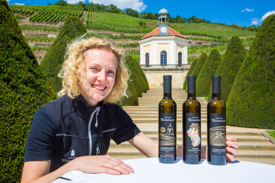 Kellermeisterin Christiane Spieler präsentiert drei von zehn edel- und restsüßen Wackerbarth-Weinen.
