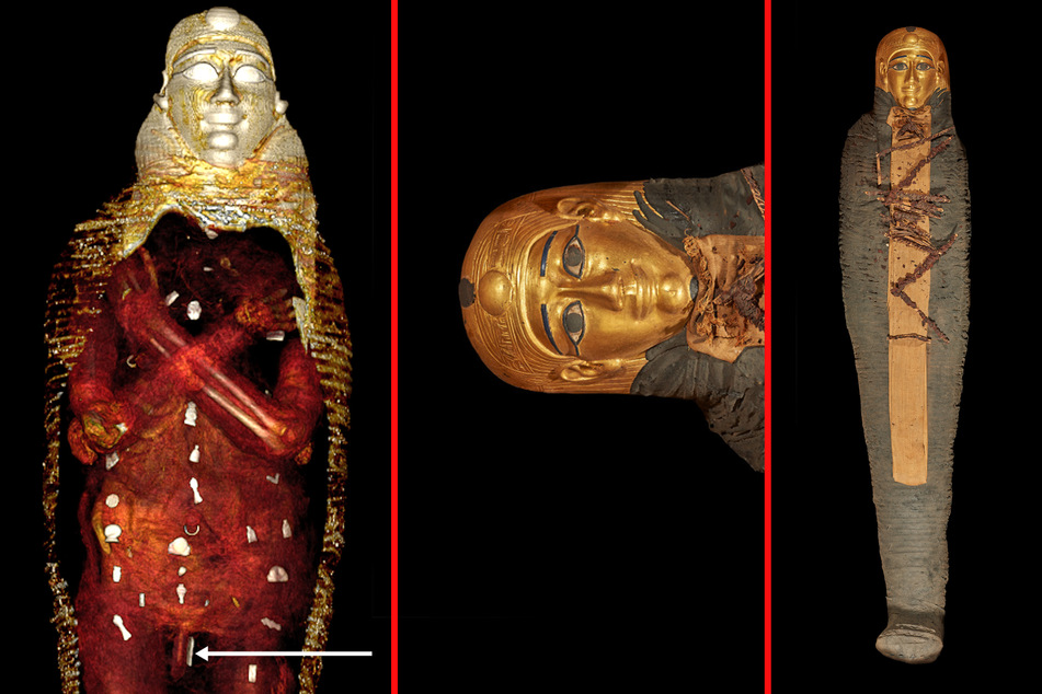 Neben einer vergoldeten Maske und einem Brustpanzer war auch ein Amulett neben seinem Penis platziert.