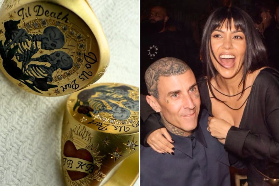 Kourtney Kardashian (r.) and Travis Barker got matching "Til Death Do Us Part" rings in honor of their four-year anniversary.