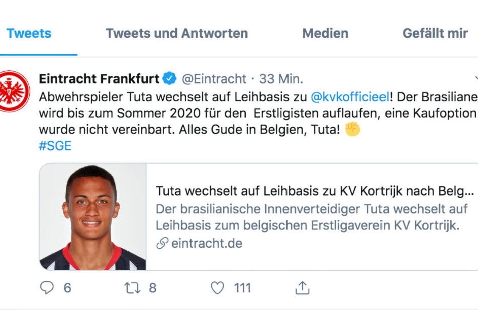 Eintracht Frankfurt gab den Wechsel von Tuta auch auf Twitter bekannt.