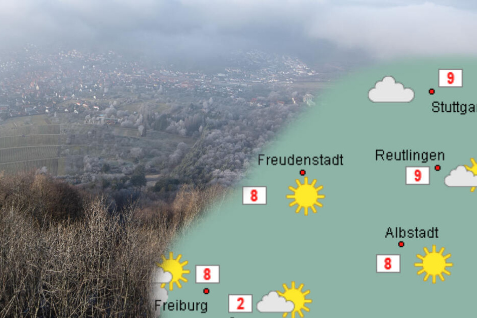Blick vom Hohenneuffen ins neblige Tal. Am Wochenende ist das Wetter in Baden-Württemberg durchwachsen. (Fotomontage)
