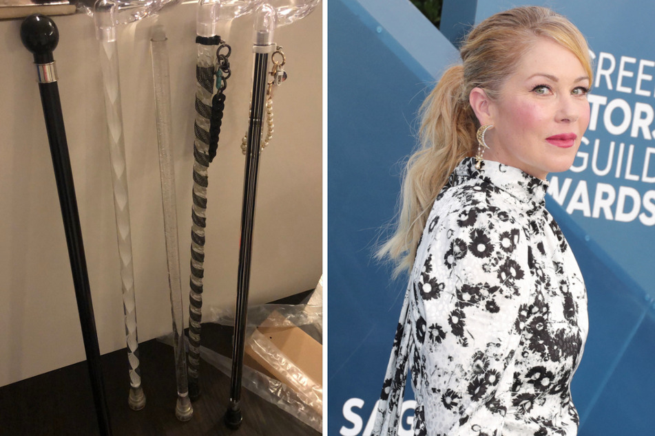 Christina Applegate said walking sticks are part of her new normal and included a photo (l.) in a new Twitter post.
