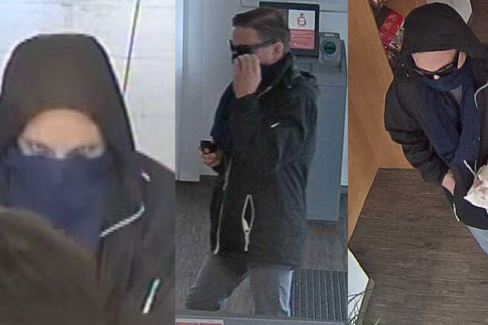 Die Bildmontage zeigt drei Fotos des Gesuchten bei seinem Überfall auf eine Sparkasse.