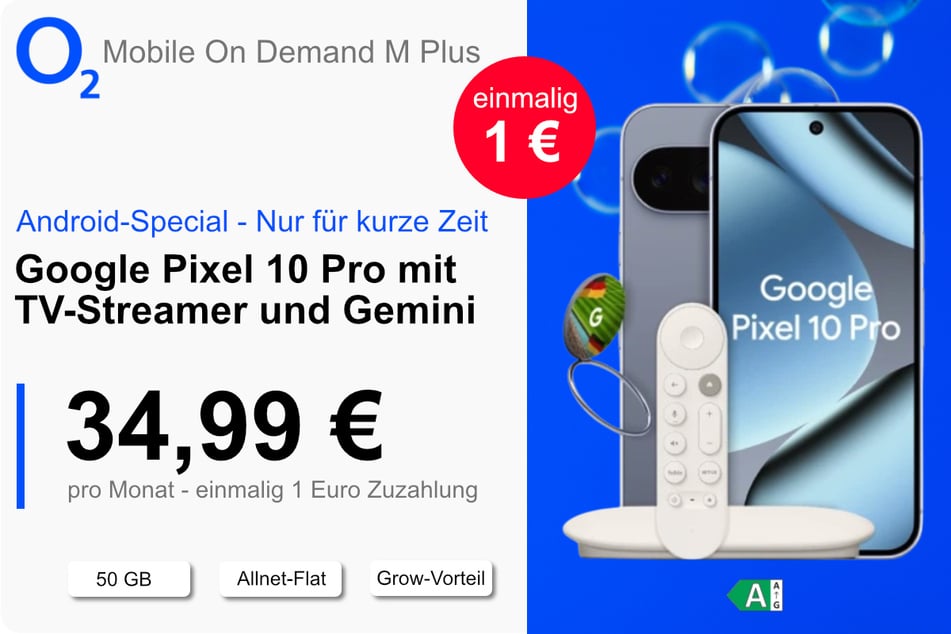 Das Google Pixel 10 Pro mit Google Gemini, TV-Streamer und Pixelring Snap Stand für nur 1 Euro bei o2.