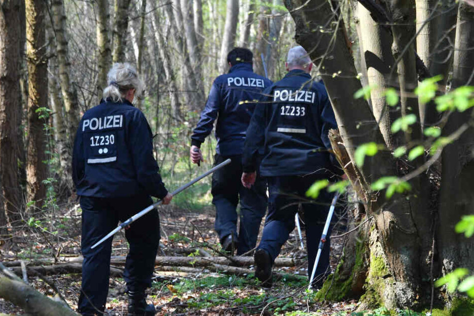 Polizeibeamte suchen in einem Waldgebiet bei Brieselang nach Spuren der vermissten Georgine Krüger.
