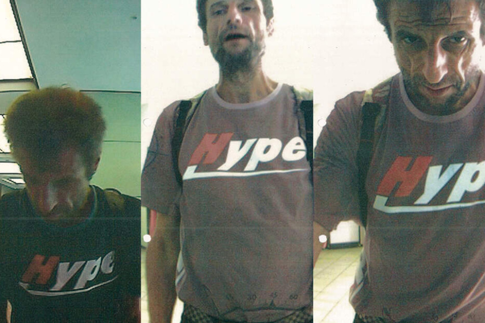 Mit Fotos aus Überwachungskameras fahndet die Polizei nach einem Betrüger mit auffälligem T-Shirt.