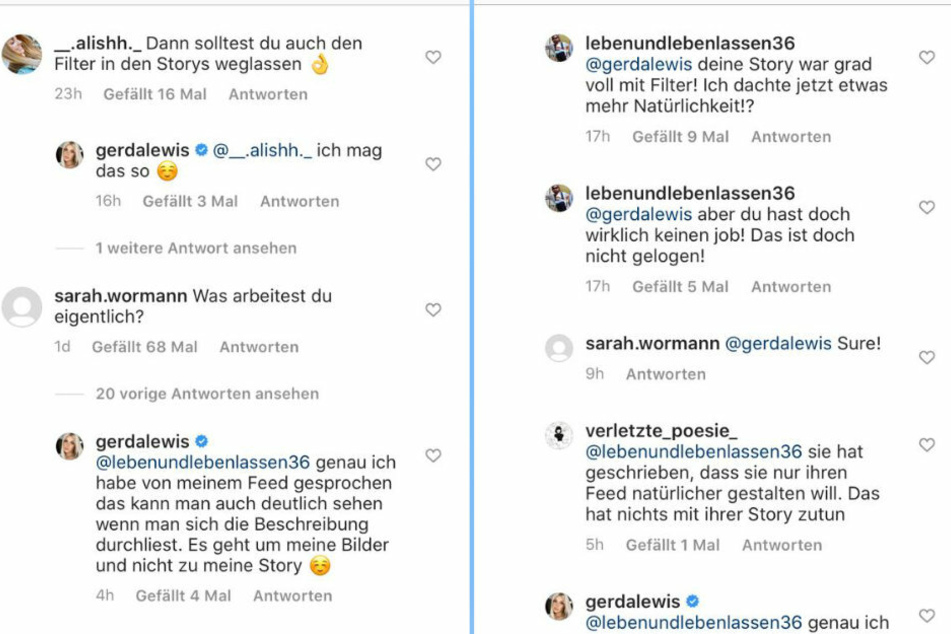 Ihre Follower sind von Gerda Lewis (27) Plänen, auf mehr Natürlichkeit bei Instagram zu setzen, noch nicht ganz überzeugt.