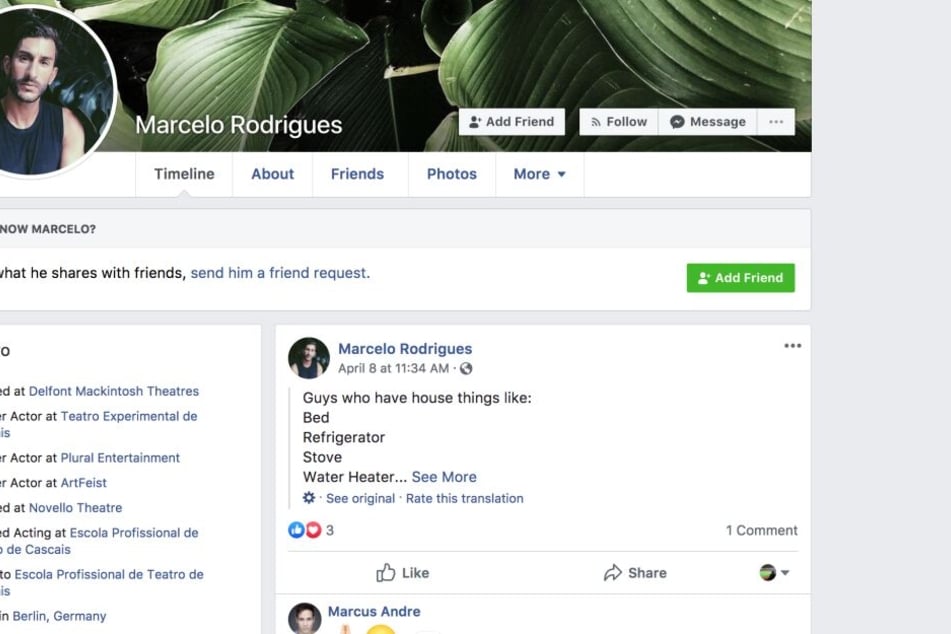 Der Screenshot zeigt die Facebook-Seite des Schauspielers.