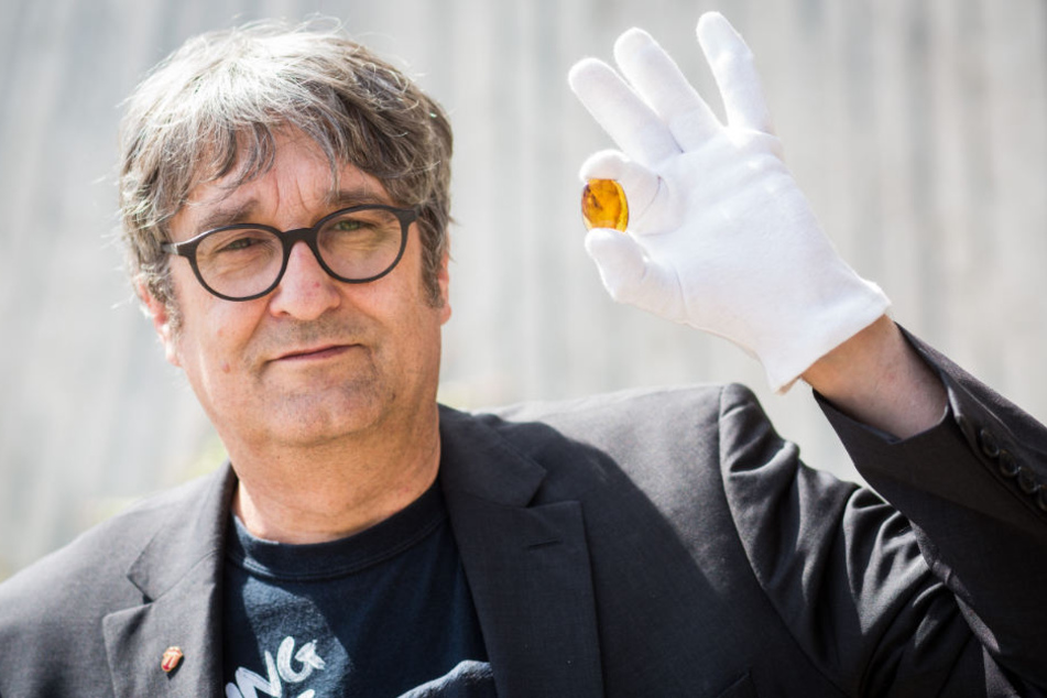 Insektenforscher Arnold Staniczek mit einer der neuentdeckten in Bernstein konservierten Steinfliegen.