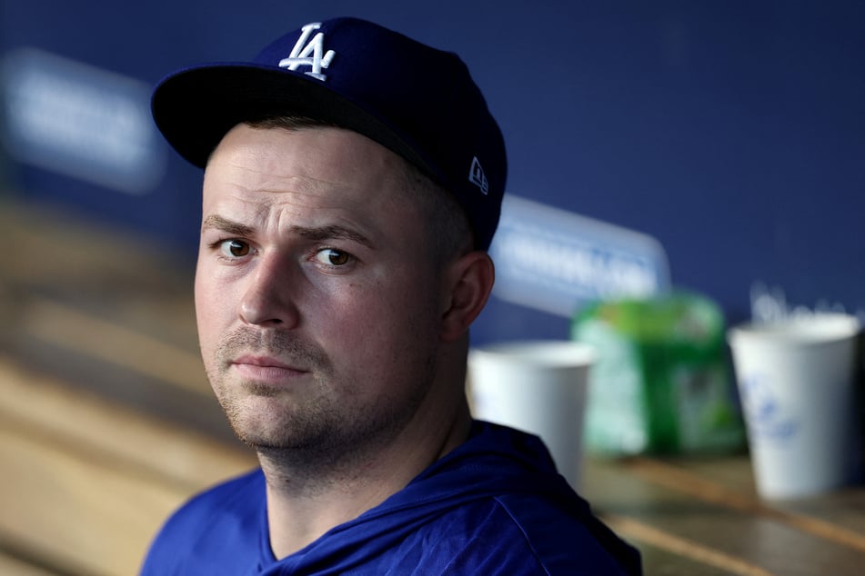 Tarik Skubal of the Los Angeles Dodgers looks on in the dugout against the Boston Red Sox during the ninth inning at Dodger Stadium on August 2, 2026.