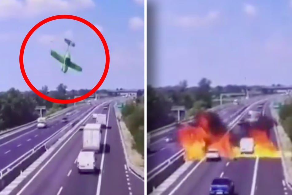 Riesiger Feuerball: Flugzeug stürzt auf Autobahn!