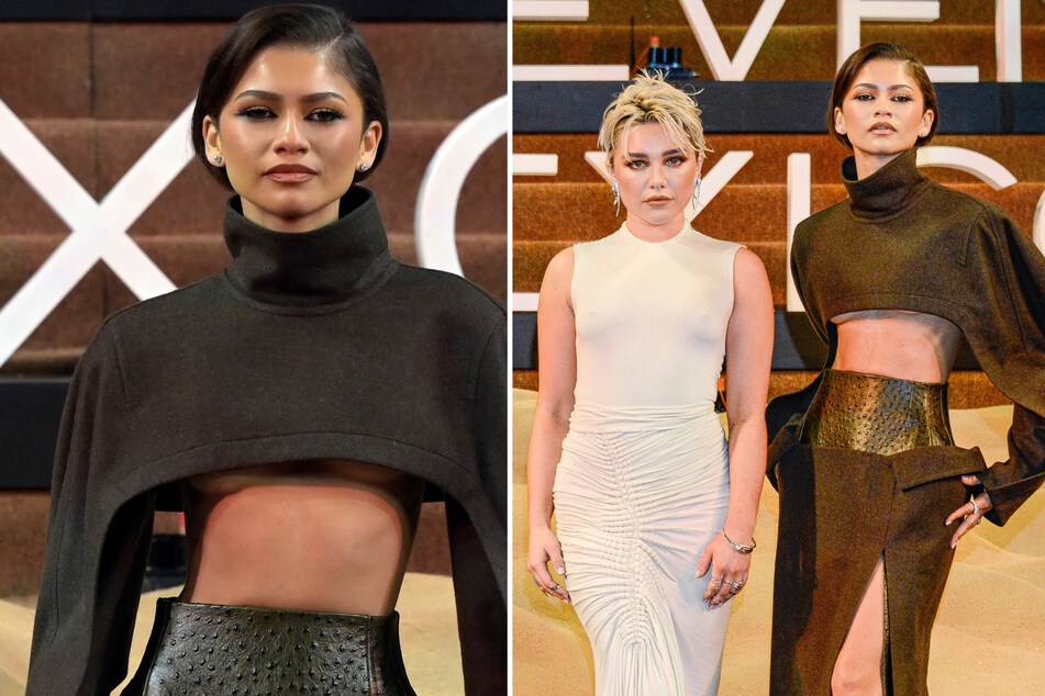 Zendaya (l) wowed in a two-piece set from Bottega Veneta alongside Florence Pugh at the Dune: Part Two fan event in Mexico City.