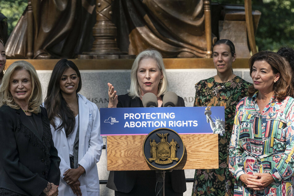 Female lawmakers in New York, including Senator Kirsten Gillibrand (c.), spoke out this week in response to the Texas abortion ban underneath the Women's Rights Pioneers Monument in Central Park.