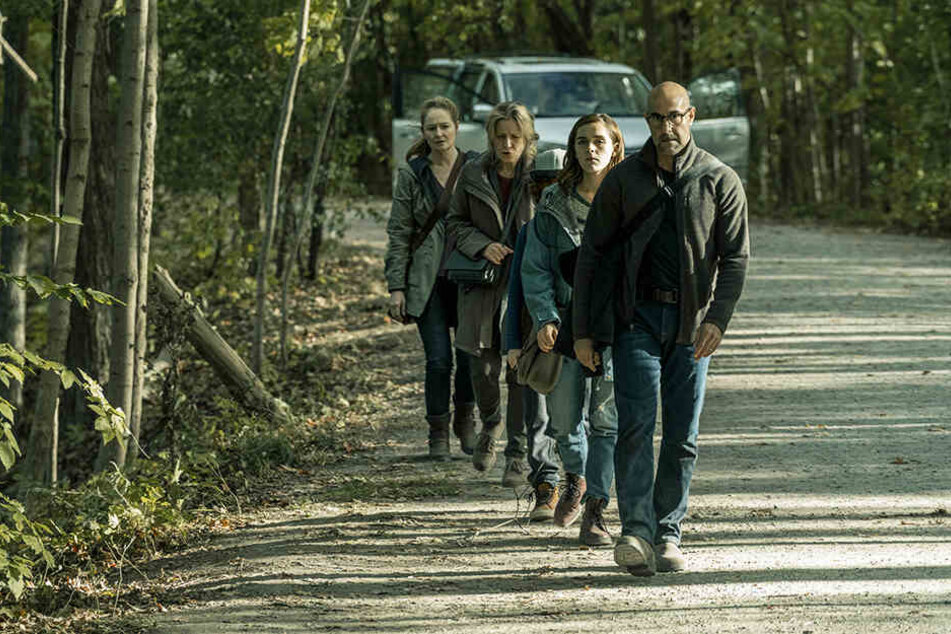 Von rechts: Hugh Andrews (Stanley Tucci) Ally (Kiernan Shipka), Jude (Kyle Breitkopf) Lynn (Kate Trotter) und Kelly (Mirando Otto) müssen das Auto stehen lassen und mucksmäuschenstill zu Fuß durch den Wald laufen.