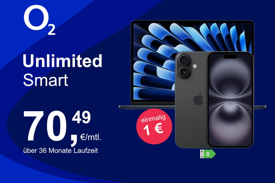 Bei o2 gibt's das iPhone 16 mit MacBook Air 13 für nur 1 Euro im Angebot.