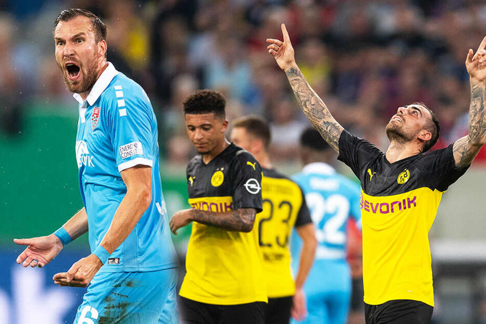 Während KFC-Kicker Kevin Großkreutz (l.) hadert, bejubelt Paco Alcacer (r.) seinen Treffer zum 2:0 für den BVB. (Bildmontage)
