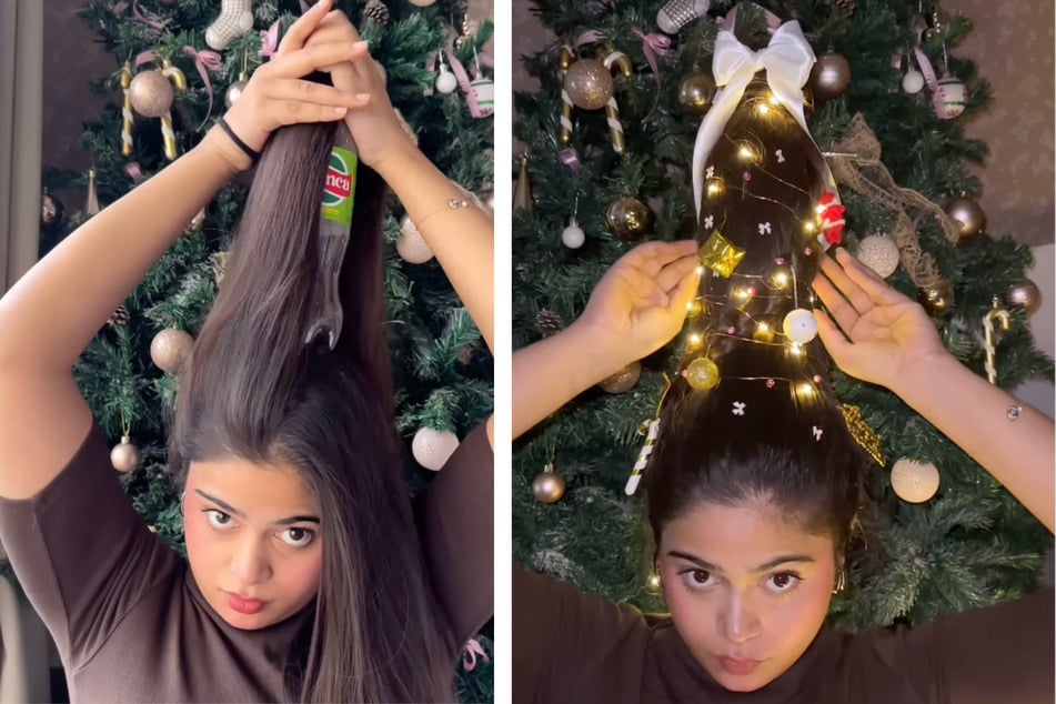 Schritt für Schritt verwandelten sich die Haare von Tanya Singh in ein weihnachtliches Kunstwerk.