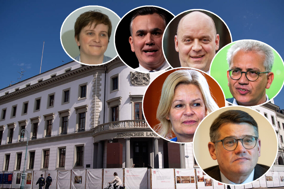 Die Spitzenkandidaten der Parteien für die Hessenwahl im Oktober (im Uhrzeigersinn): Elisabeth Kula (Linke, 33), Stefan Nass (49, FDP), Robert Lambrou (56, AfD), Tarek Al-Wazir (52, Grüne), Nancy Faeser (53, SPD) und Boris Rhein (51, CDU).