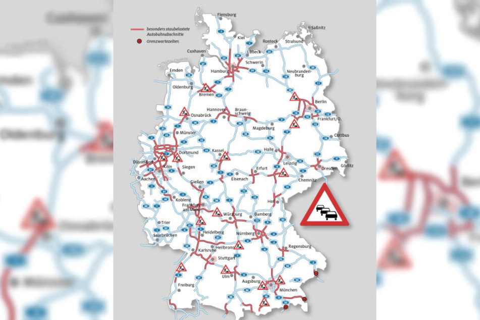 Mit dieser Grafik weist der ADAC auf die Gefahrengebiete für Stau hin.