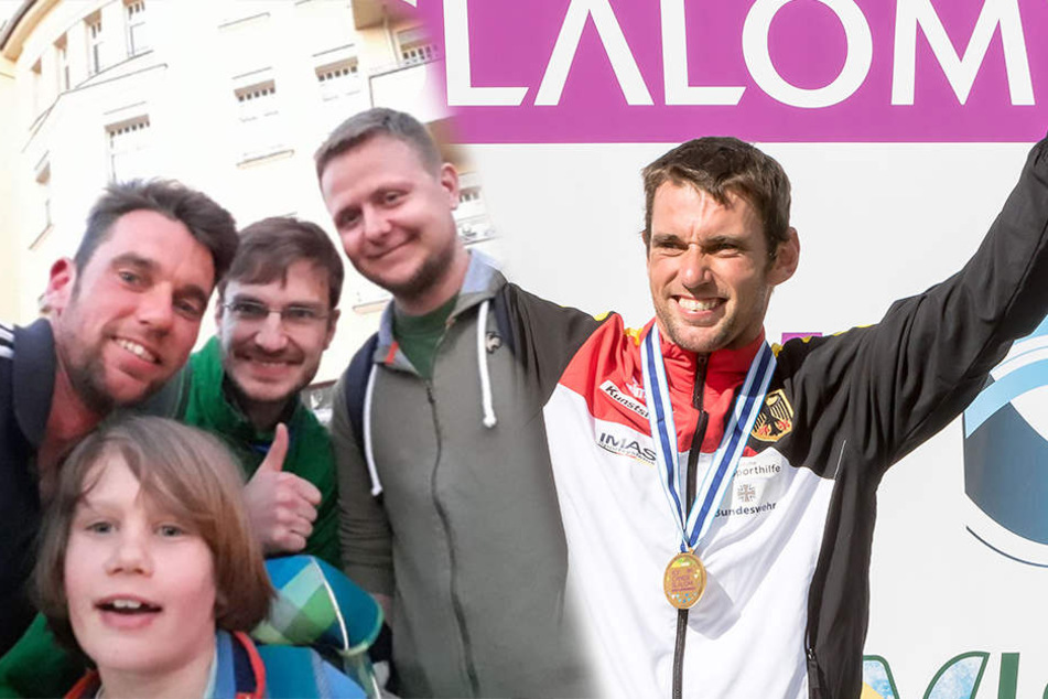 Die Jungs von der BSG Chemie haben Mika wohlbehalten nach Hause gebracht. Für Kanu-Weltmeister Jan Benzien (r., 35) Grund zum Jubeln!