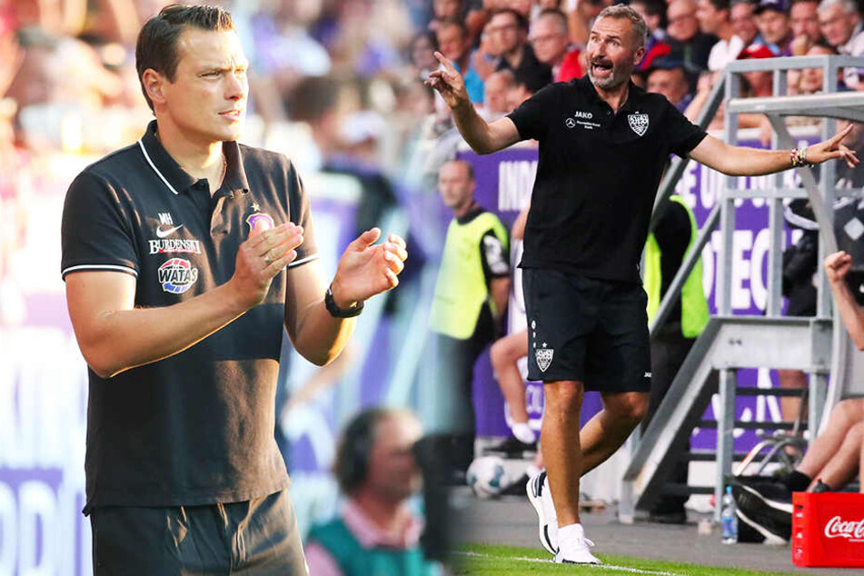 Von Aues Interimstrainer Marc Hensel (l.) gab's Beifall. VfB-Coach Tim Walter schimpfte wie ein Rohrspatz - während des Spiels und nachher noch mehr... (Bildmontage)