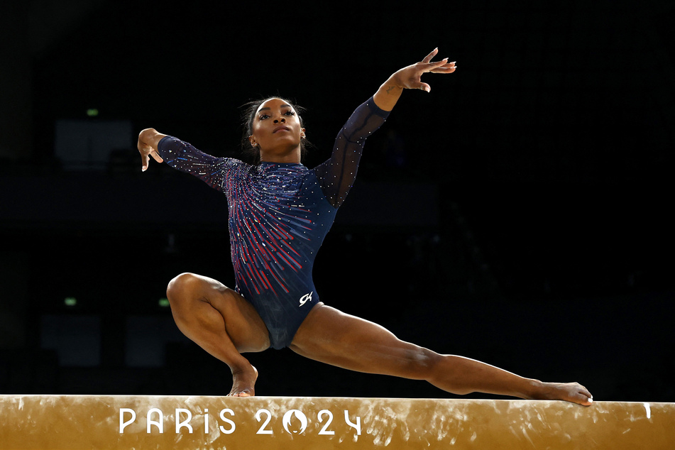 Simone Biles of the United States on the balance beam during training ahead of the Paris Olympics.