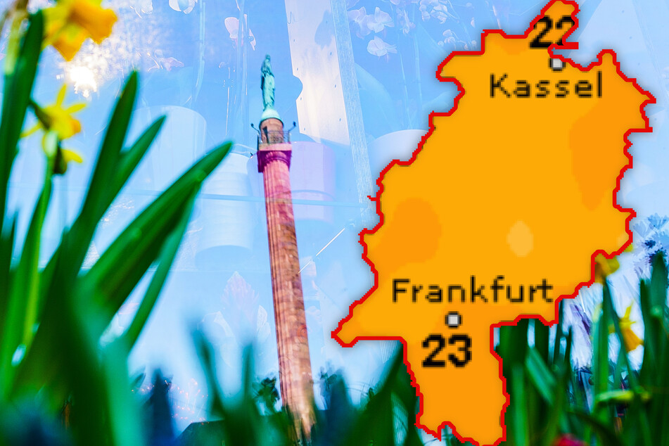 Das Wahrzeichen der Wissenschaftsstadt Darmstadt, der "Lange Ludwig" spiegelt sich in der Scheibe des Blumengeschäfts. In den kommenden Tagen wird es in Hessen frühlingshaft.