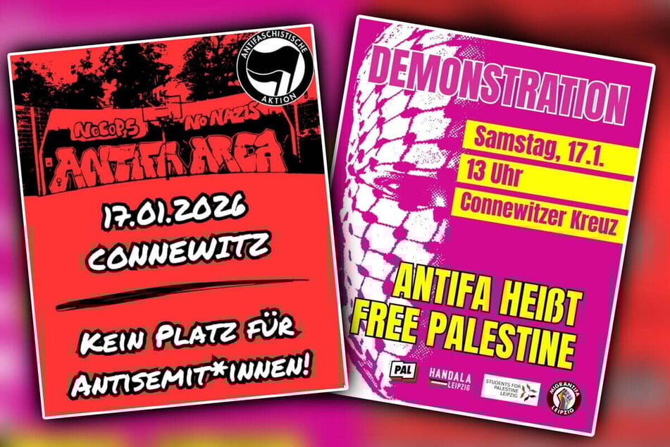 Rot gegen Pink: links der Flyer der Connewitzer Oldschool-Antifa, rechts der Mobilisierungsaufruf der neuen Linksradikalen aus Handala, "Migrantifa" und "Students for Palestine".