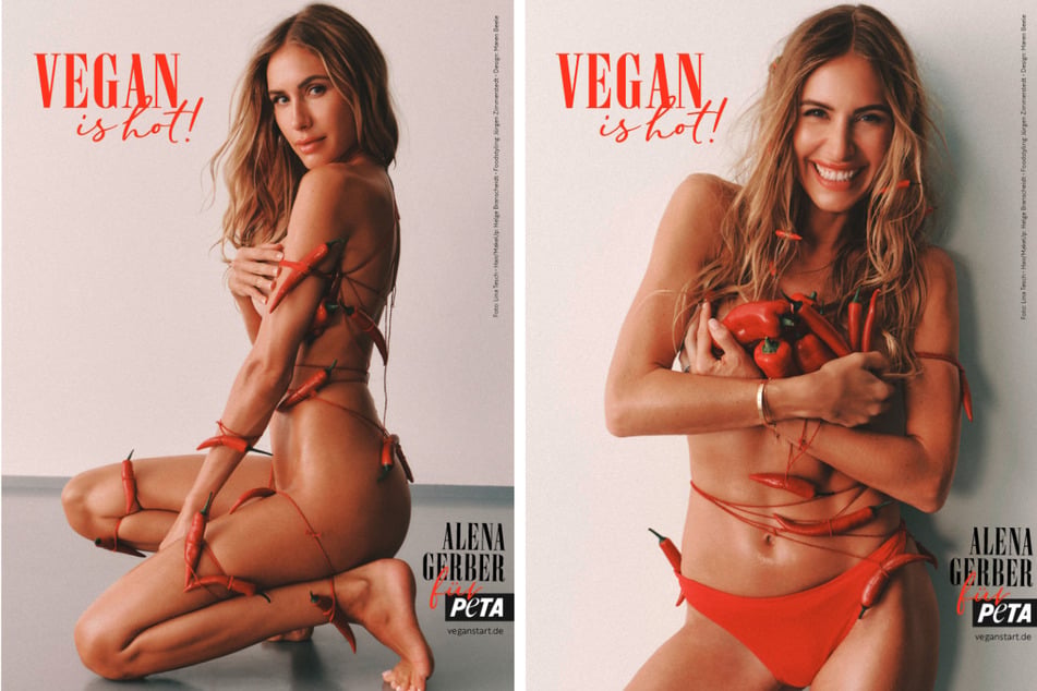 Mit zwei Motiven werben PETA und Alena Gerber (36) für vegane Ernährung.