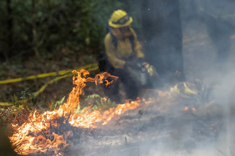 A volunteer with the Central Coast Prescribed Burn Association monitors a burn at Wilder Ranch State Park near Santa Cruz, California, on October 13, 2023.