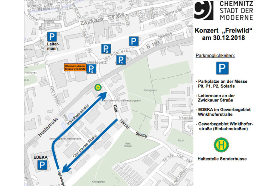 Neben den Parkmöglichkeiten an der Messe können Konzertbesucher auch bei Edeka oder Leitermann parken.