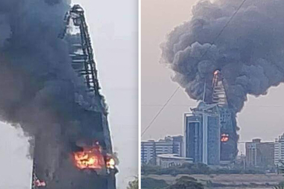 Der Glasturm "Greater Nile Petroleum Operating Company Tower" (65 Meter hoch, 17 Stockwerke) wurde beschossen und brannte zu großen Teilen aus.