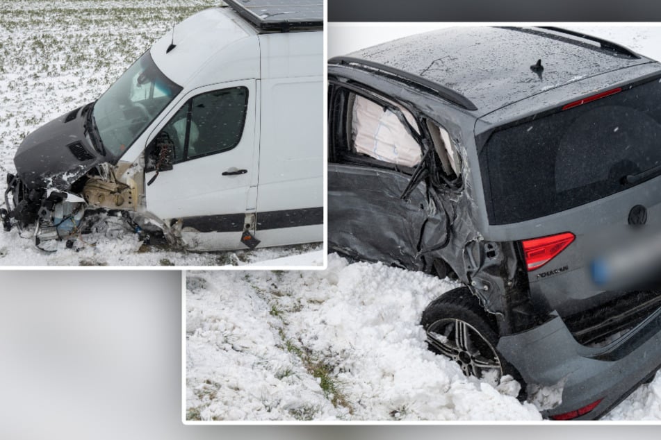 Winter-Crash auf Bundesstraße in Mittelsachsen: VW knallt mit Transporter zusammen