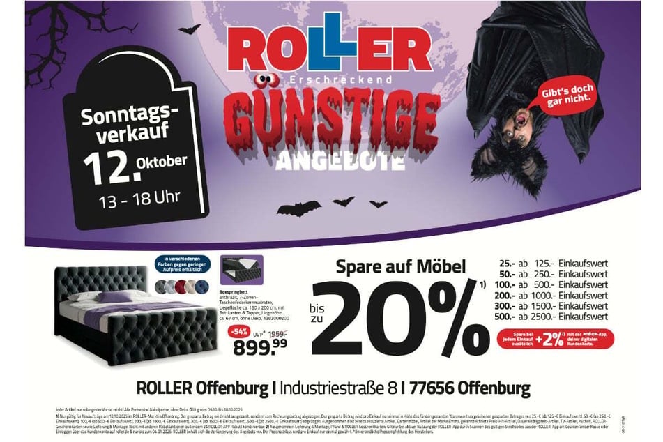 Zum verkaufsoffenen Sonntag (12.10.) bei ROLLER in Offenburg gibt's Boxspringbetten 54 Prozent günstiger.