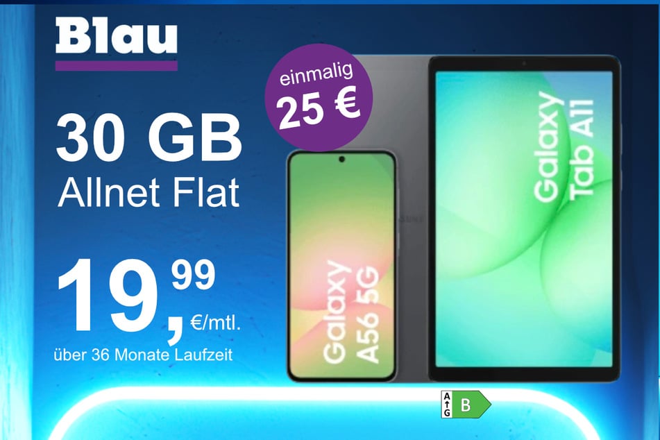 Das Samsung Galaxy A56 + Tab A11 im Blau Allnet L für einmalig 25 Euro.