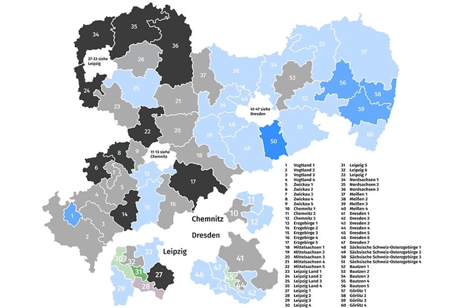 Das Meinungsforschungsinstitut "Wahlkreisprognose.de" sieht in zwei von drei Chemnitzer Wahlkreisen derzeit die AfD vorn.