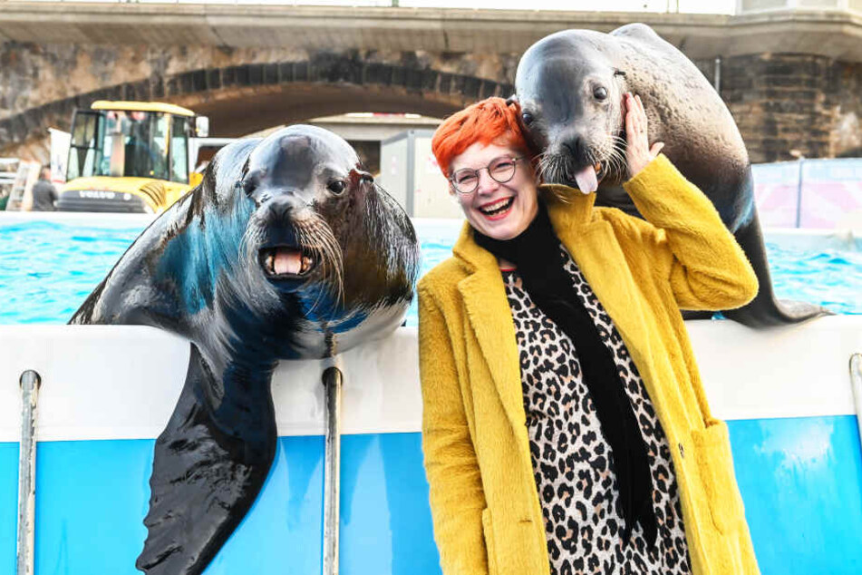 Morgenpost-Reporterin Katrin Koch freut sich über die feucht-fröhliche Begrüßung der Seelöwen Charly und Robby.