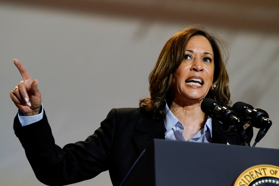 Democratic presidential nominee Kamala Harris speaks on stage during a Labor Day campaign event.