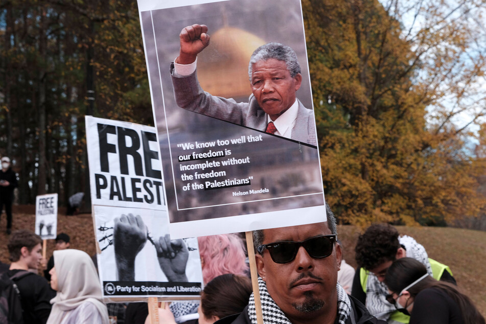 Protestors draw comparisons between South Africa's anti-apartheid movement and support for victims of Israel's ongoing bombardment on Palestinians.